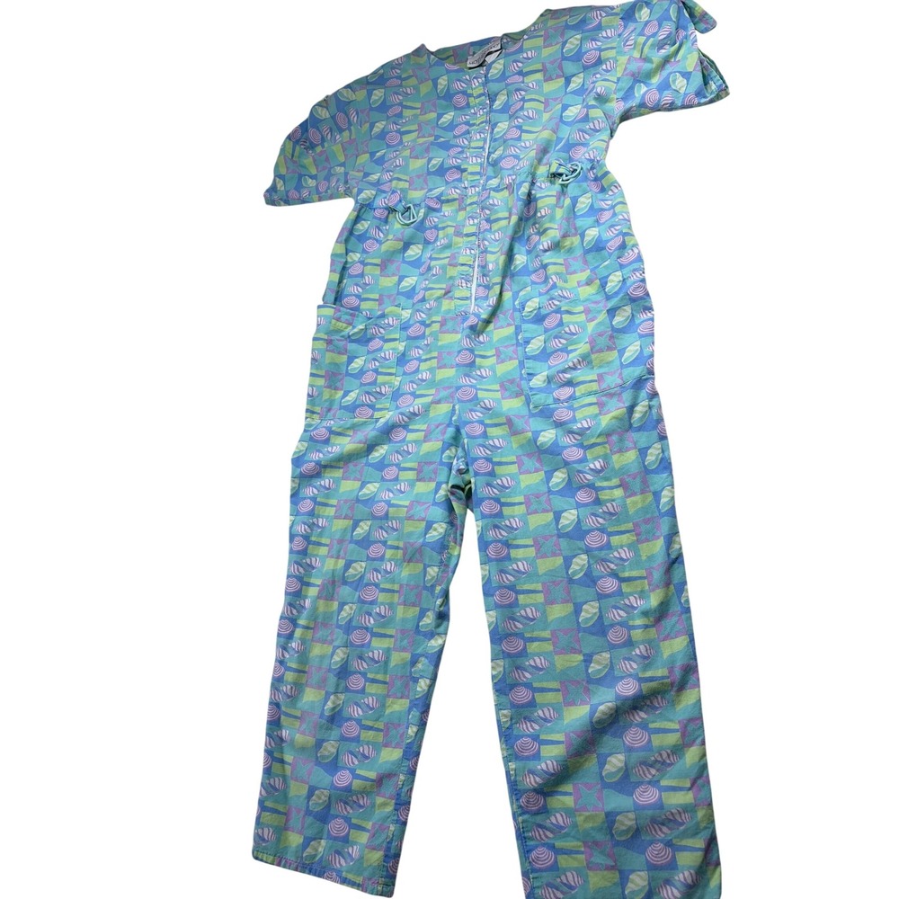 Vintage Motherhood Maternity Jumpsuit Blue Green Seashell Starfish Print Medium